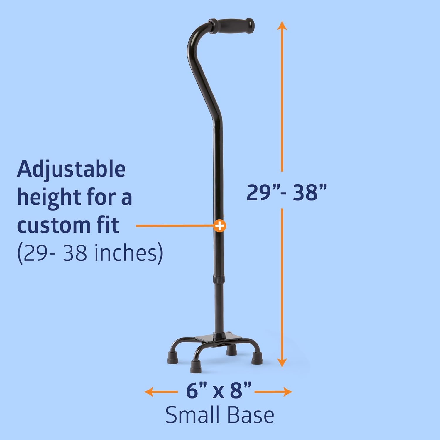 Medline Aluminum Quad Cane with Small Base for Balance, Height Adjustable 29 to 38, Knee Injuries, Surgery Recovery & Mobility, Lightweight Walking Aid for Seniors & Adults, 300 lb Weight Capacity